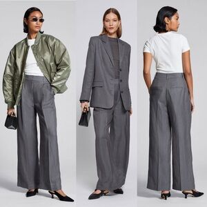 & Other Stories Wide Tailored Press Crease Trousers Grey Silk Linen Size 4 NWT